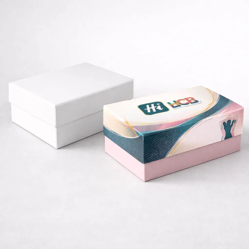 A plain white two-piece rigid box next to a branded version featuring teal and pink swirls. class=